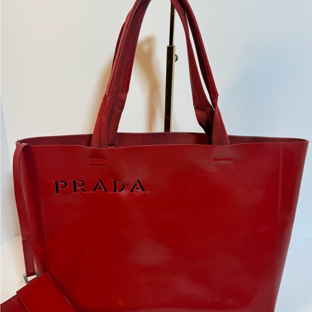 Prada Red Leather Tote Bag w/ Pouch - Picture 4 of 13